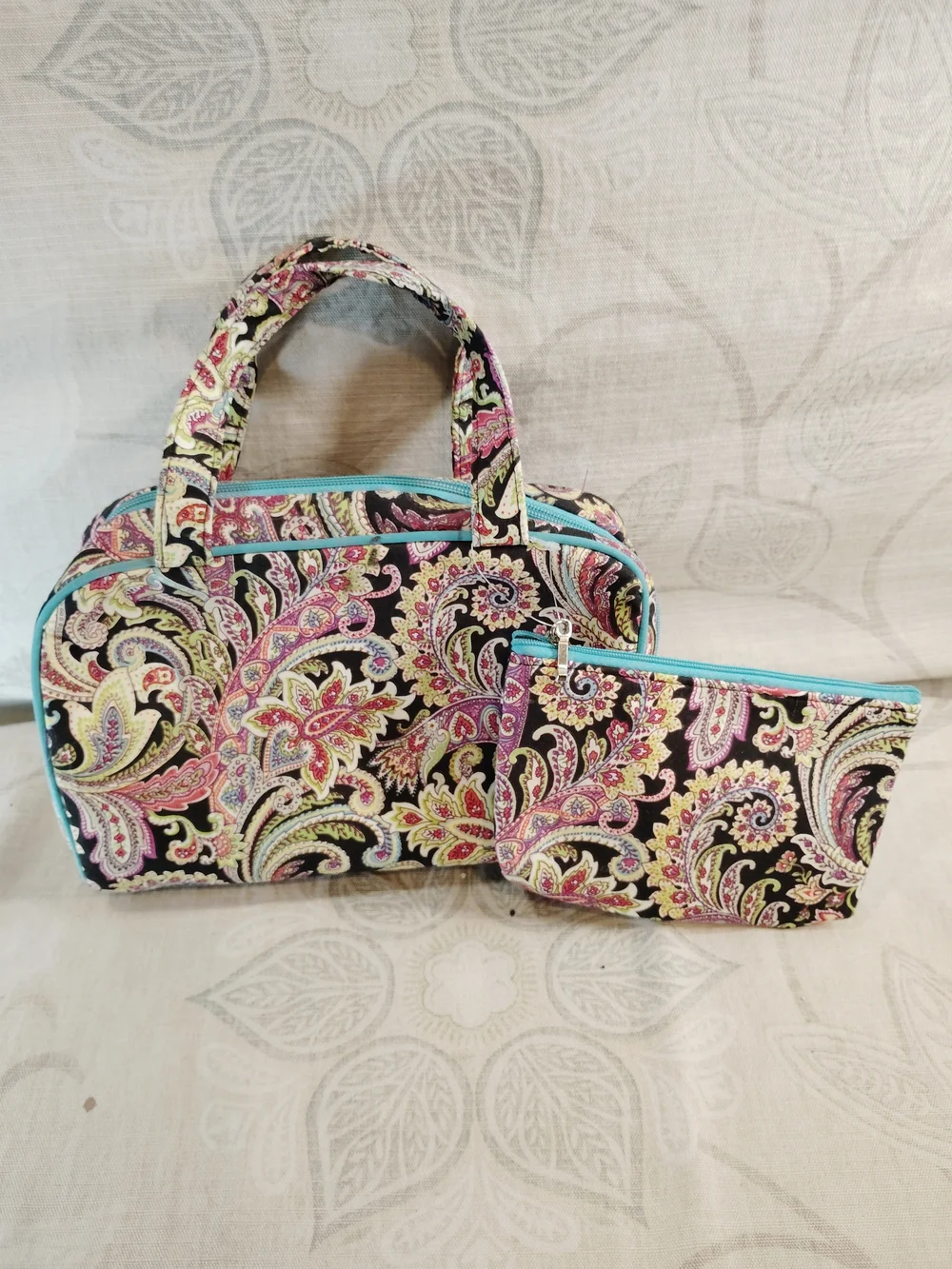 2pc Paisley Print Cosmetic Bag Set - Black with Pink & Turquoise